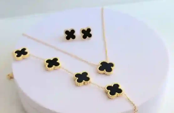 4-Piece Black Four Leaf Clover Design Jewelry Set includes Bracelet, Earrings, Kara & Necklace